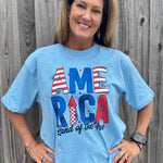 Patriotic graphic tee, slub cotton shirt, 4th of July outfit, American flag t-shirt, boxy fit cotton tee, Land of the Free shirt, women’s patriotic apparel, textured cotton t-shirt. at ooh la la! in Grapevine TX 76051