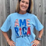 Patriotic graphic tee, slub cotton shirt, 4th of July outfit, American flag t-shirt, boxy fit cotton tee, Land of the Free shirt, women’s patriotic apparel, textured cotton t-shirt. at ooh la la! in Grapevine TX 76051