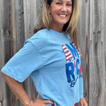 Patriotic graphic tee, slub cotton shirt, 4th of July outfit, American flag t-shirt, boxy fit cotton tee, Land of the Free shirt, women’s patriotic apparel, textured cotton t-shirt. at ooh la la! in Grapevine TX 76051