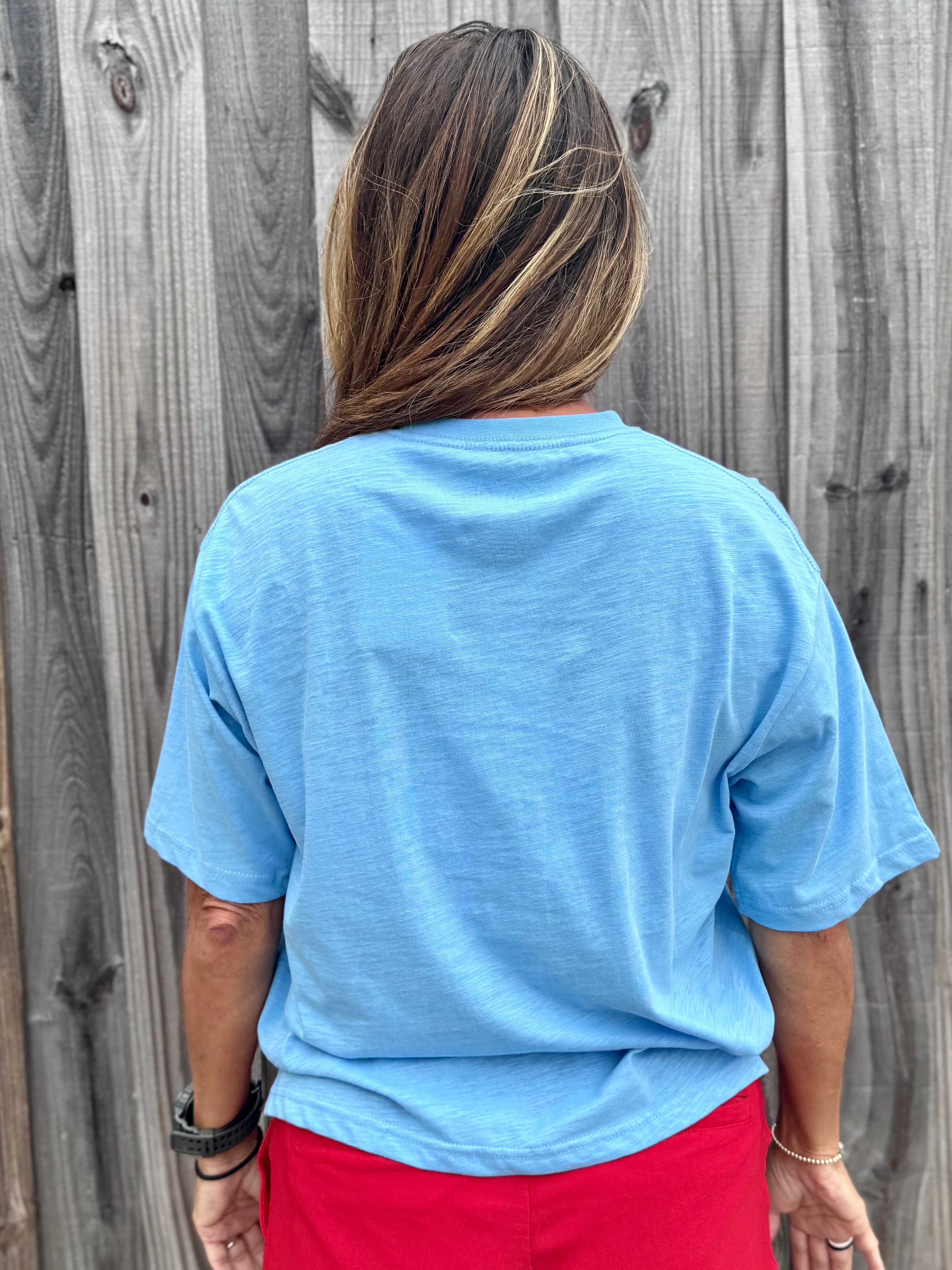 Patriotic graphic tee, slub cotton shirt, 4th of July outfit, American flag t-shirt, boxy fit cotton tee, Land of the Free shirt, women’s patriotic apparel, textured cotton t-shirt. at ooh la la! in Grapevine TX 76051