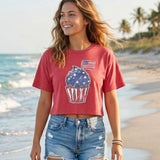 Americana crop top, vintage wash tee, cupcake graphic t-shirt, 4th of July outfit, women's cropped shirt, patriotic summer apparel, nostalgic fashion, red white and blue top. at ooh la la in Grapevine TX 76051