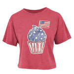 Americana crop top, vintage wash tee, cupcake graphic t-shirt, 4th of July outfit, women's cropped shirt, patriotic summer apparel, nostalgic fashion, red white and blue top. at ooh la la in Grapevine TX 76051