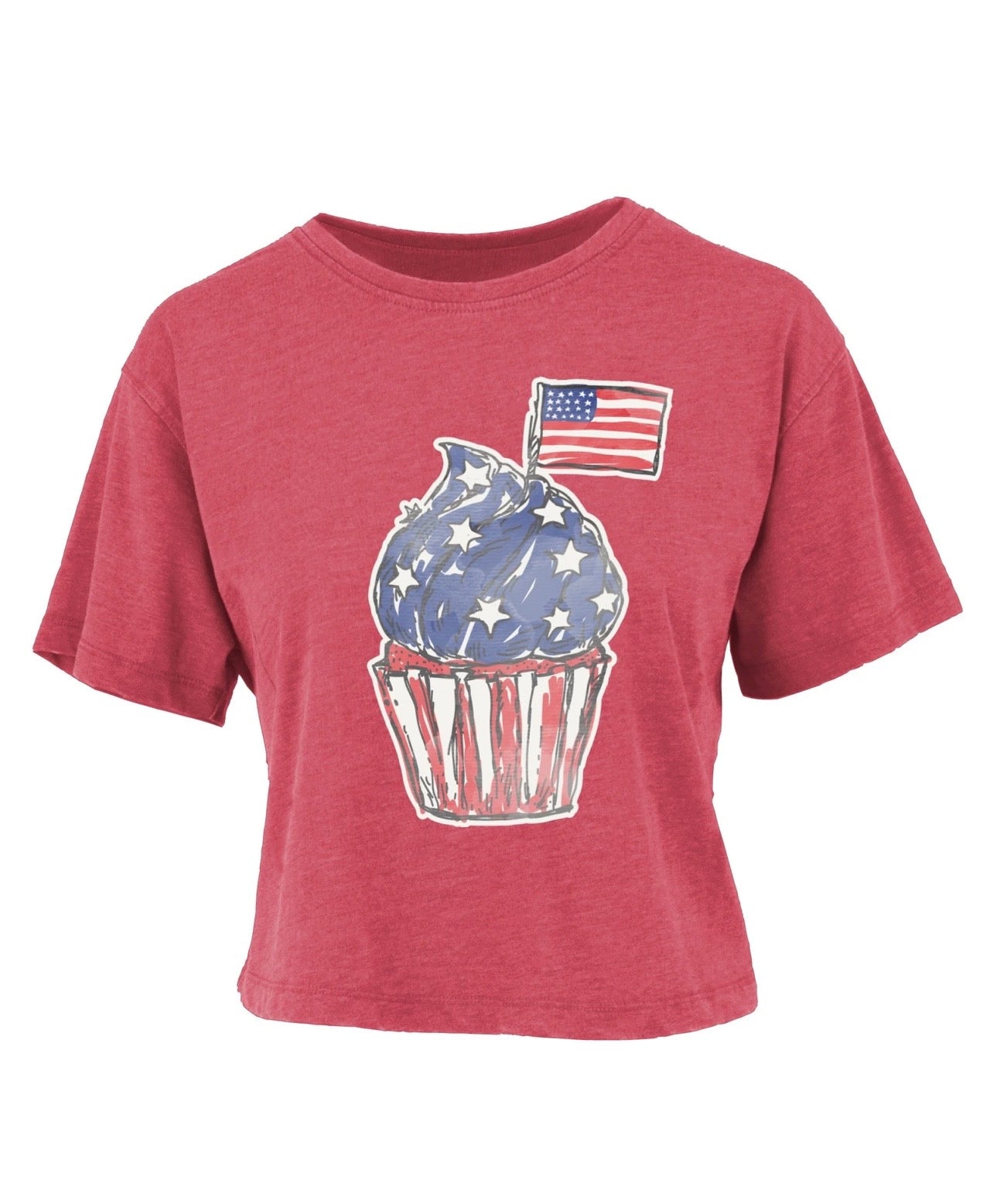 Americana crop top, vintage wash tee, cupcake graphic t-shirt, 4th of July outfit, women's cropped shirt, patriotic summer apparel, nostalgic fashion, red white and blue top. at ooh la la in Grapevine TX 76051
