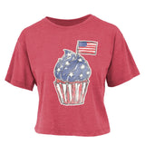 Americana crop top, vintage wash tee, cupcake graphic t-shirt, 4th of July outfit, women's cropped shirt, patriotic summer apparel, nostalgic fashion, red white and blue top. at ooh la la in Grapevine TX 76051