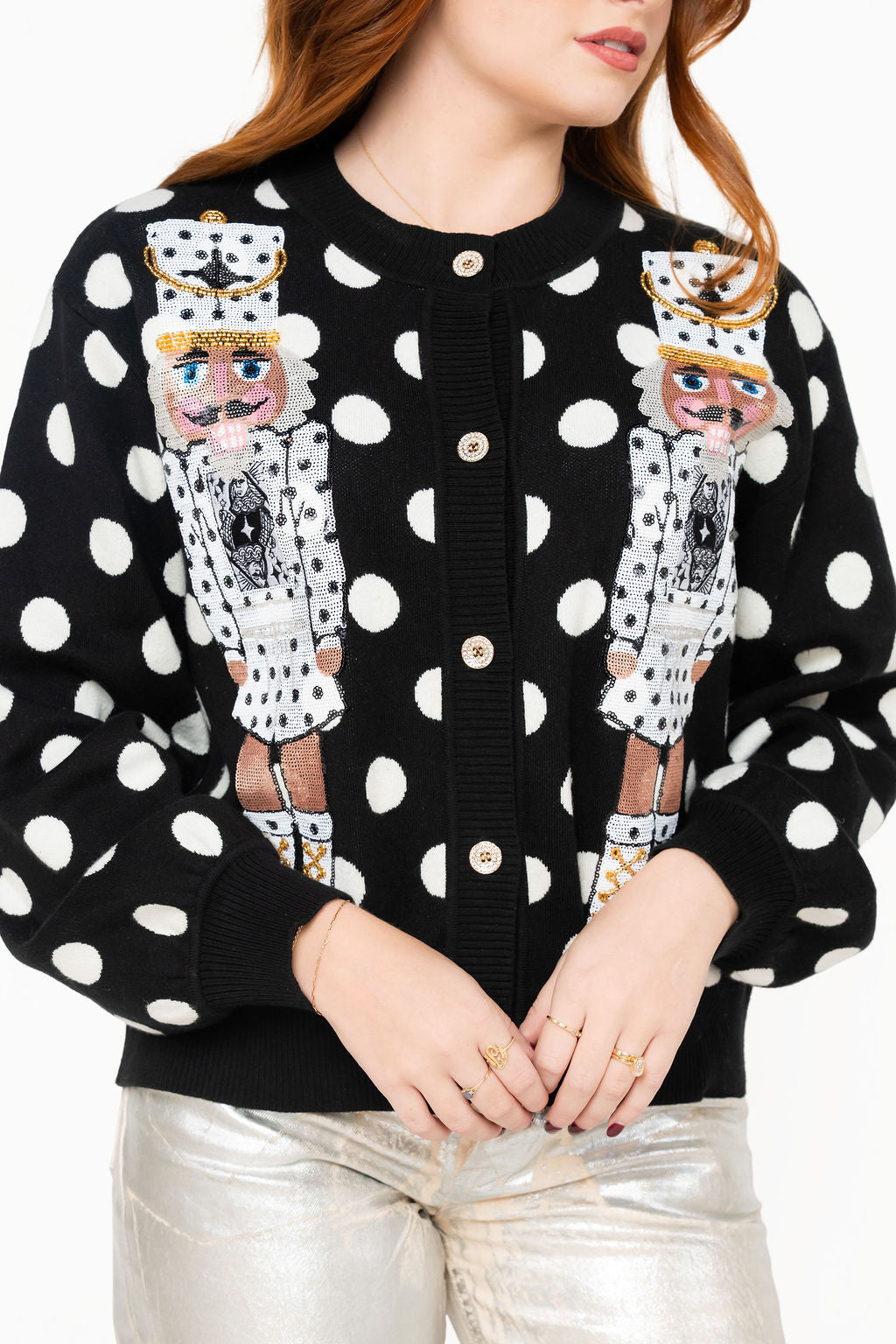Queen of Sparkles Black & White Polka Dot Nutcracker Button Up Cardigan at ooh la la! in Grapevine TX 76051