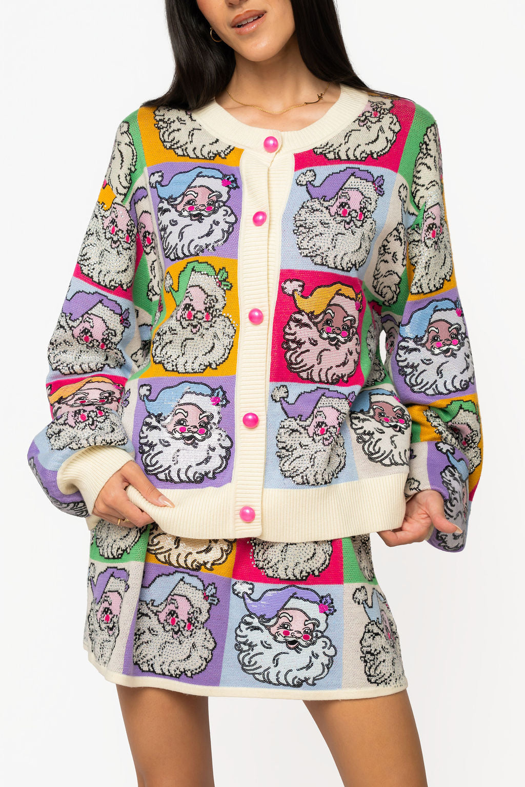 Queen of Sparkles multicolor pastel colorblock sequined Santa cardigan with button front closure in grapevine tx 76051