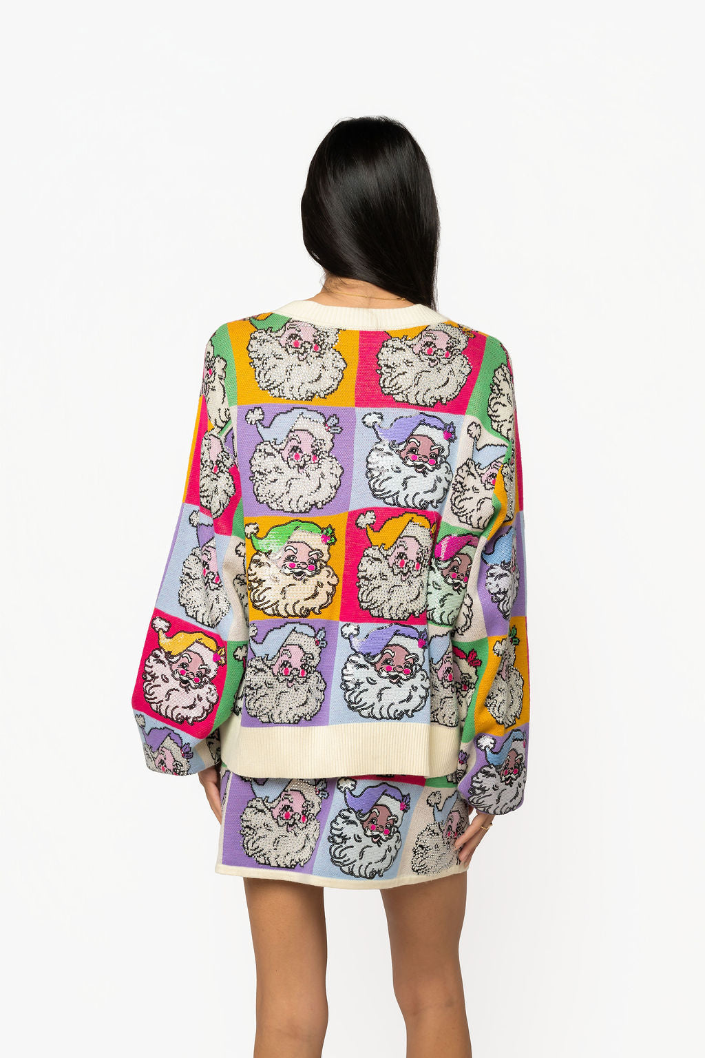 Queen of Sparkles multicolor pastel colorblock sequined Santa cardigan with button front closure in grapevine tx 76051
