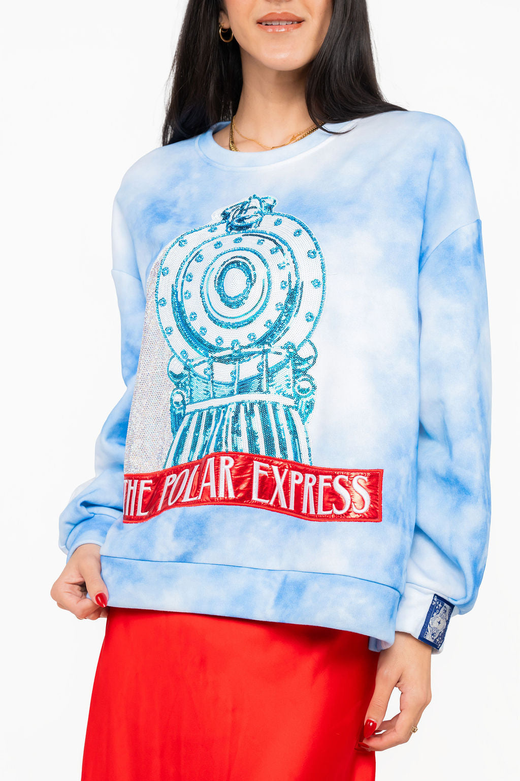 Queen of Sparkles Licensed Light Blue Fog Sequin, Rhinestone & Beaded Polar Express Train Sweatshirt at ooh la la! in Grapevine TX 76051