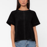 Velvet Heart Juliette Black Suede Shirt with contrast stitching, worn with blue jeans
