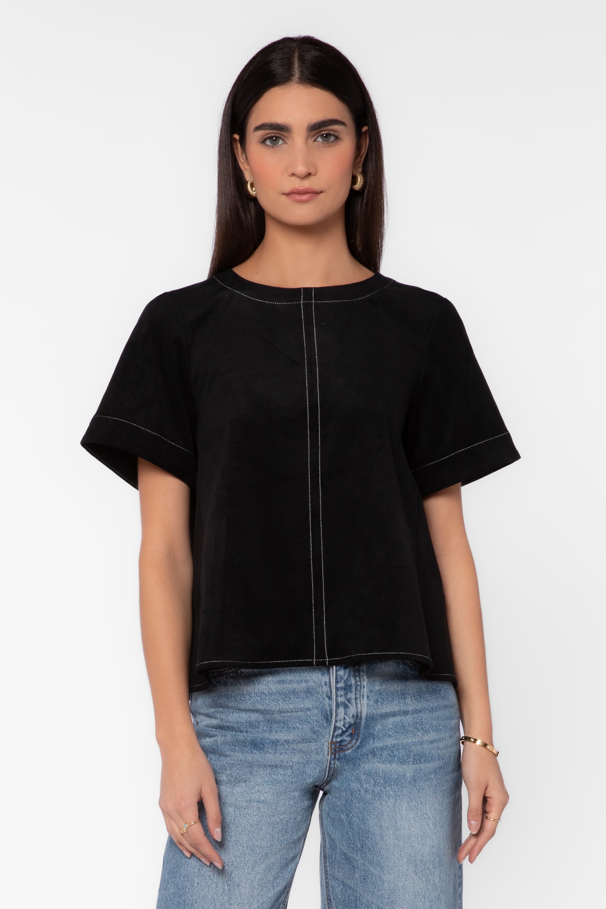 Velvet Heart Juliette Black Suede Shirt with contrast stitching, worn with blue jeans