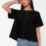 Velvet Heart Juliette Black Suede Shirt with contrast stitching paired with blue jeans