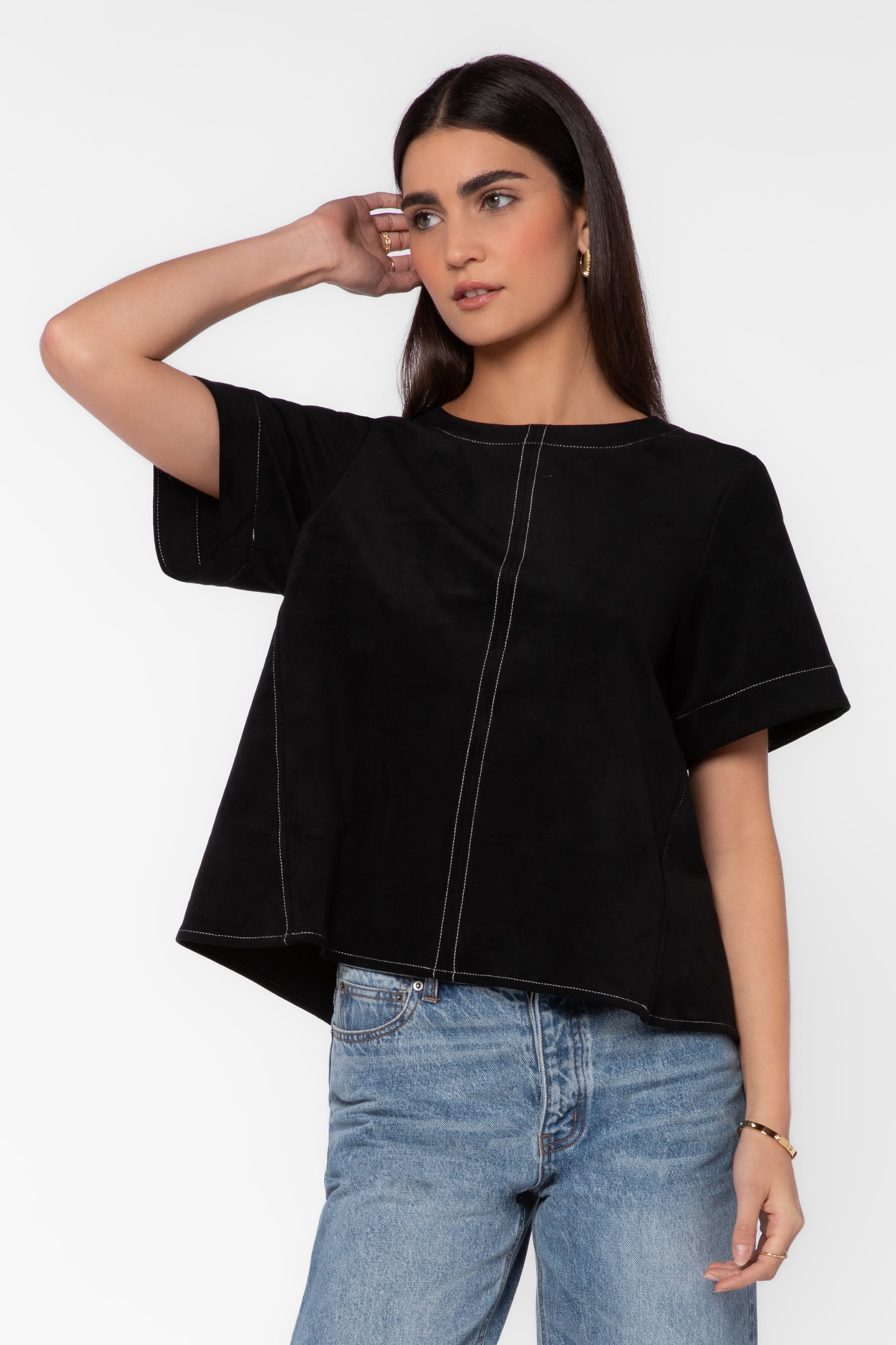 Velvet Heart Juliette Black Suede Shirt with contrast stitching paired with blue jeans