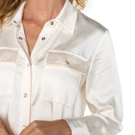 Liverpool Satin Longline Shacket in sweet cream at ooh la la! in Grapevine TX 76051