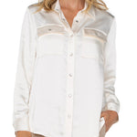 Liverpool Satin Longline Shacket in sweet cream at ooh la la! in Grapevine TX 76051