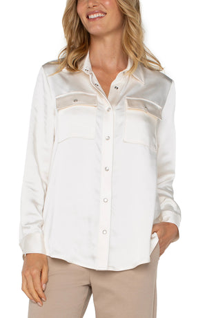 Liverpool Satin Longline Shacket in sweet cream at ooh la la! in Grapevine TX 76051