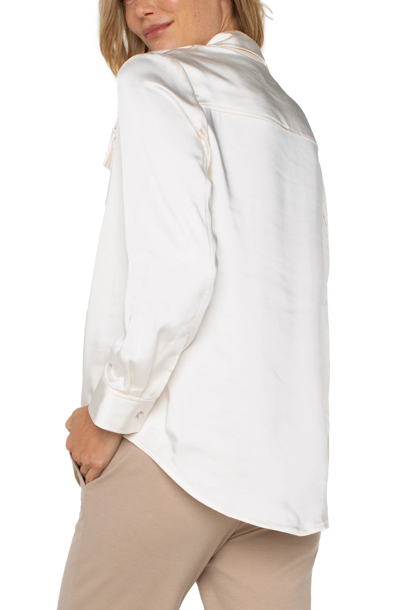 Liverpool Satin Longline Shacket in sweet cream at ooh la la! in Grapevine TX 76051