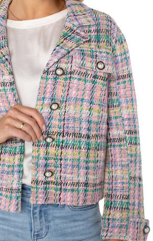 Liverpool Plaid Boucle Pearl Button Boxy Shacket at ooh la la! in Grapevine TX 76051