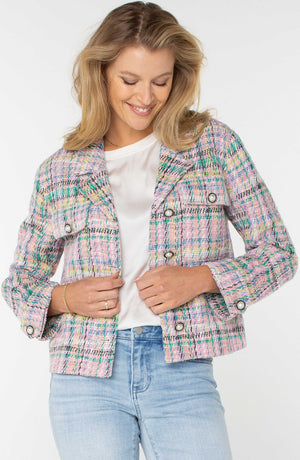 Liverpool Plaid Boucle Pearl Button Boxy Shacket at ooh la la! in Grapevine TX 76051