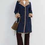 Liverpool sherpa trimmed notch collar denim jacket in rinse wash at ooh la la! in Grapevine TX 76051