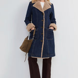 Liverpool sherpa trimmed notch collar denim jacket in rinse wash at ooh la la! in Grapevine TX 76051