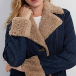 Liverpool sherpa trimmed notch collar denim jacket in rinse wash at ooh la la! in Grapevine TX 76051