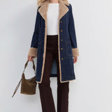 Liverpool sherpa trimmed notch collar denim jacket in rinse wash at ooh la la! in Grapevine TX 76051