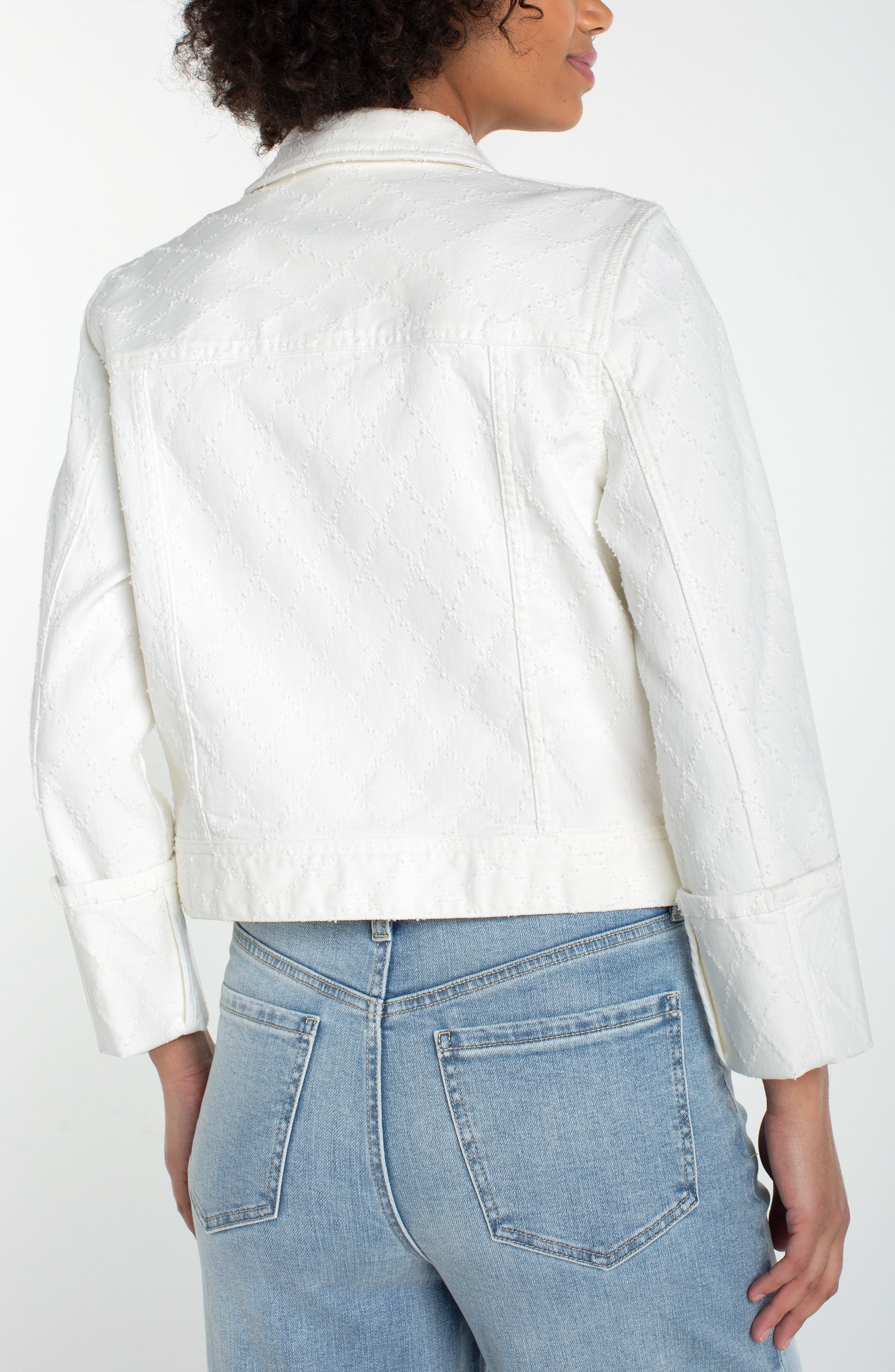 Liverpool Cropped Denim Jacket with Bracelet Length Cuffed Sleeve at Ooh La La! in Grapevine TX 76051