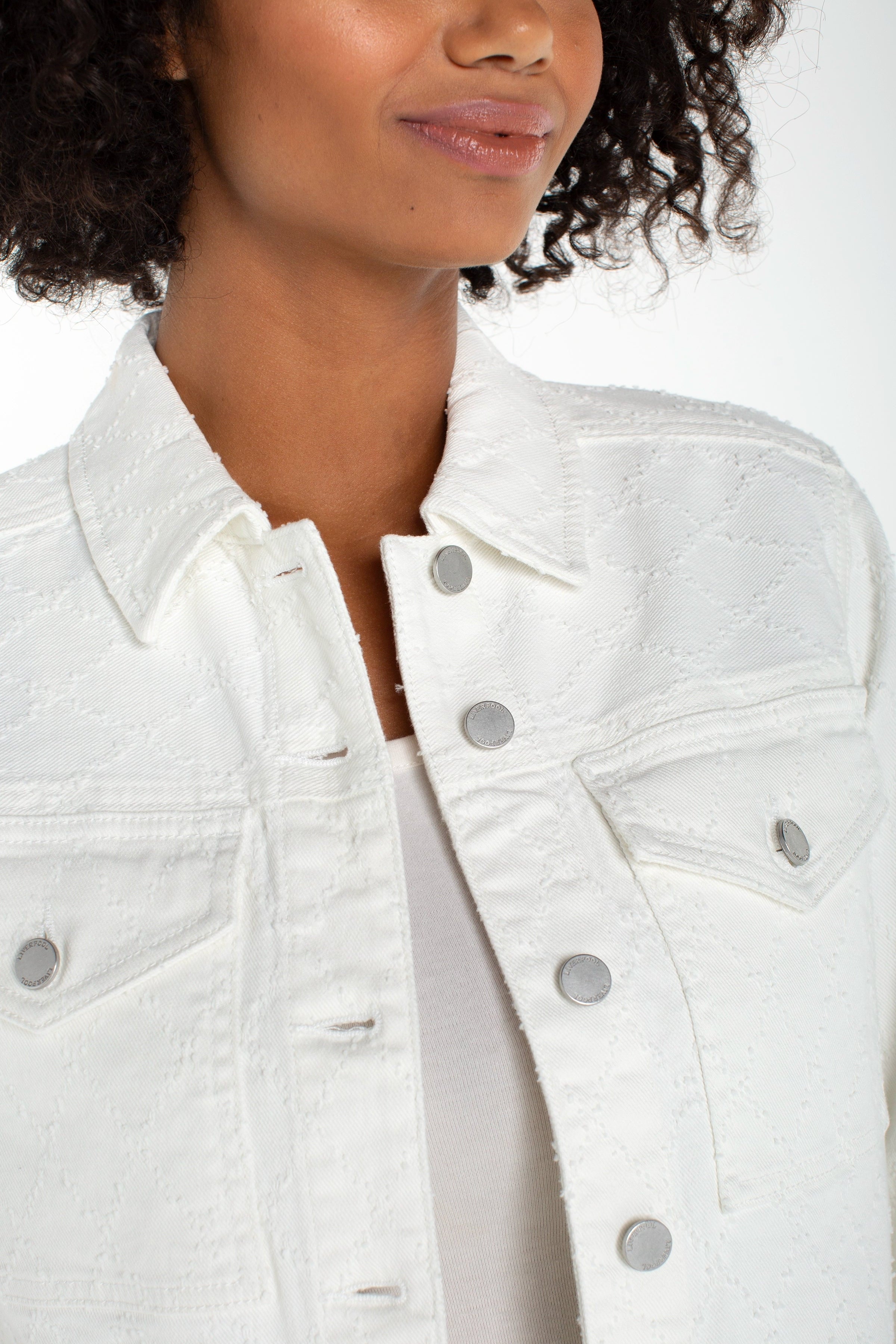 Liverpool Cropped Denim Jacket with Bracelet Length Cuffed Sleeve at Ooh La La! in Grapevine TX 76051