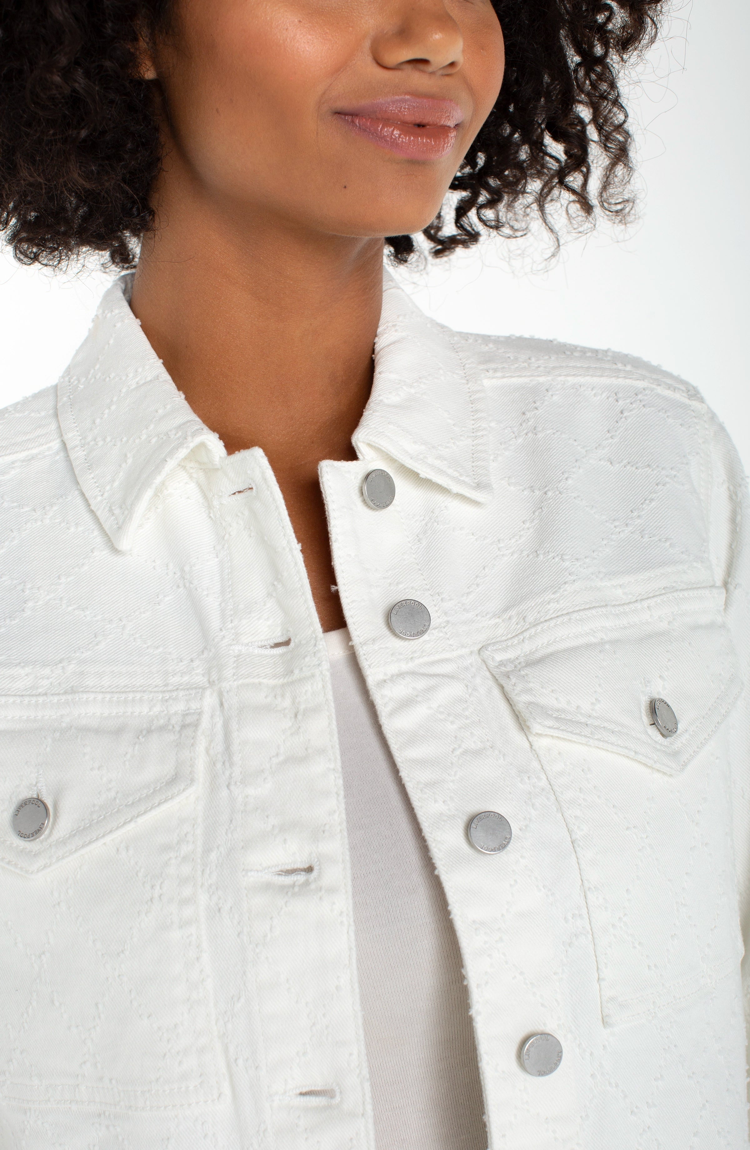 Liverpool Cropped Denim Jacket with Bracelet Length Cuffed Sleeve at Ooh La La! in Grapevine TX 76051