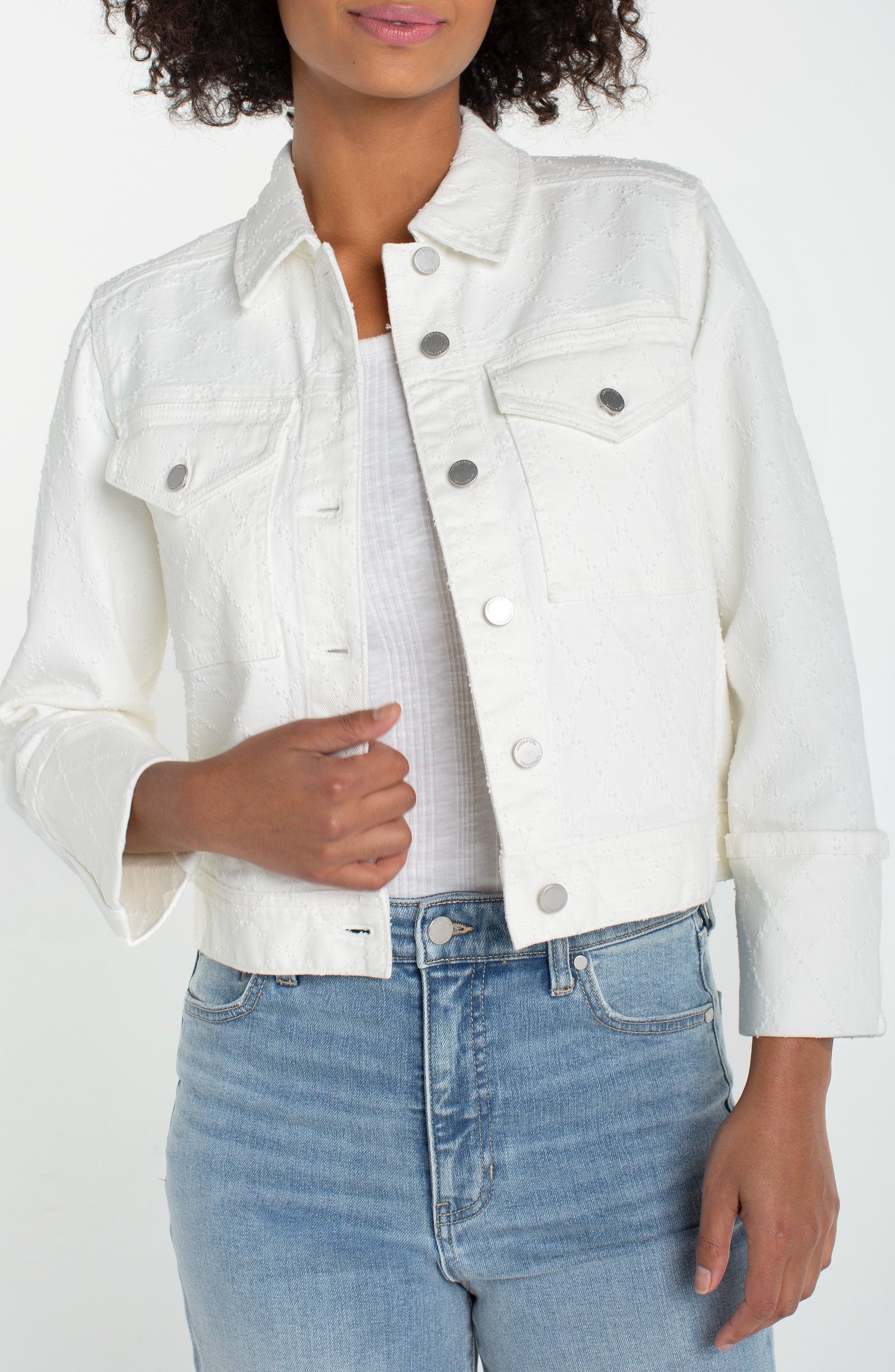 Liverpool Cropped Denim Jacket with Bracelet Length Cuffed Sleeve at Ooh La La! in Grapevine TX 76051
