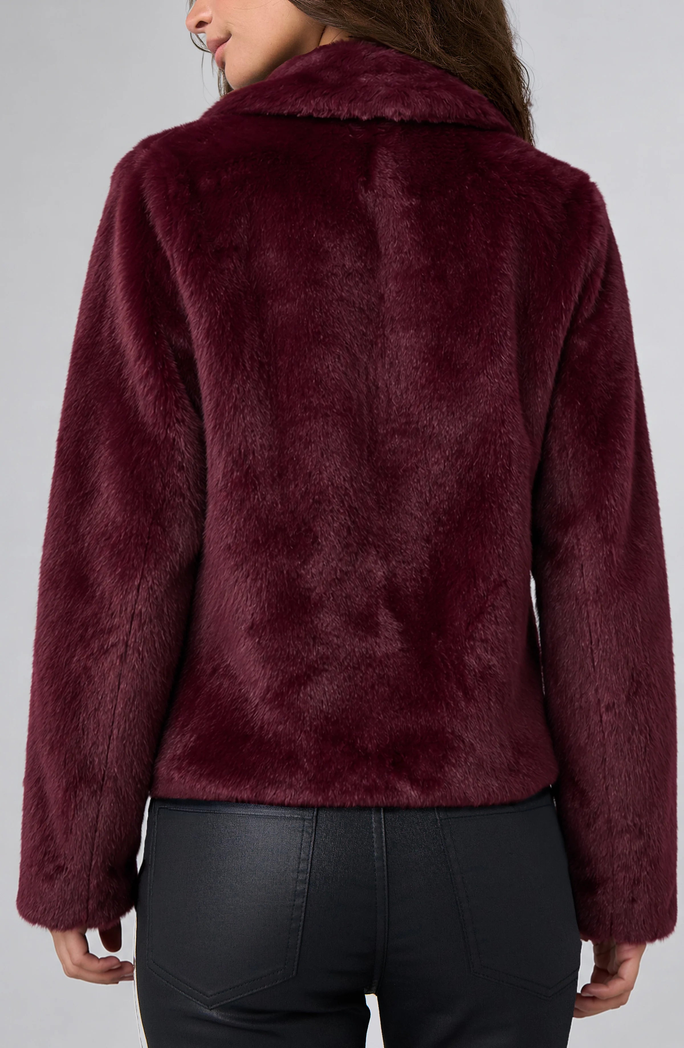 Liverpool Collared Faux Fur Jacket in dark oxblood at ooh la la! in Grapevine TX 76051