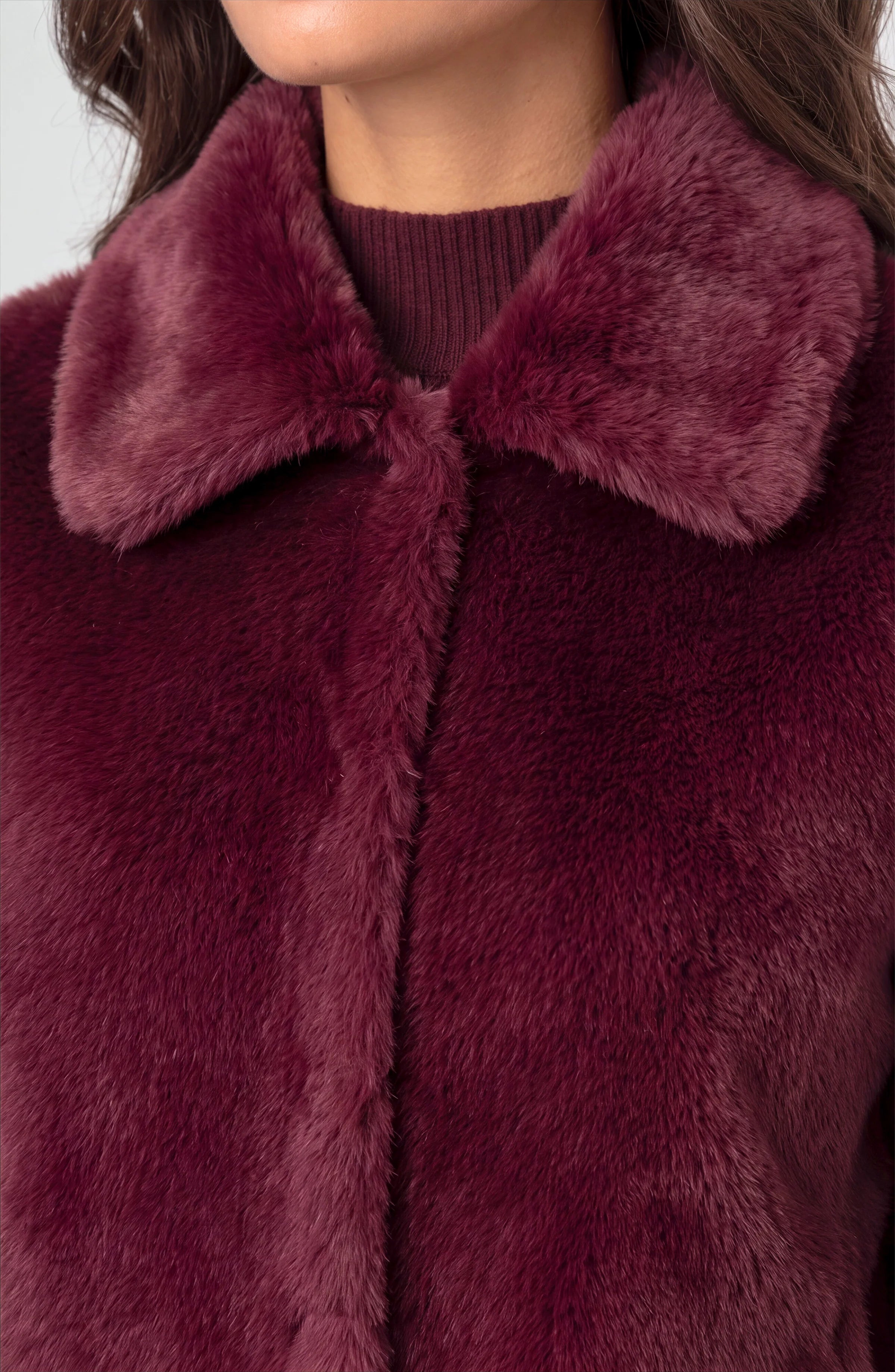 Liverpool Collared Faux Fur Jacket in dark oxblood at ooh la la! in Grapevine TX 76051