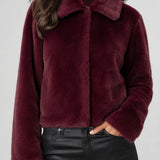 Liverpool Collared Faux Fur Jacket in dark oxblood at ooh la la! in Grapevine TX 76051