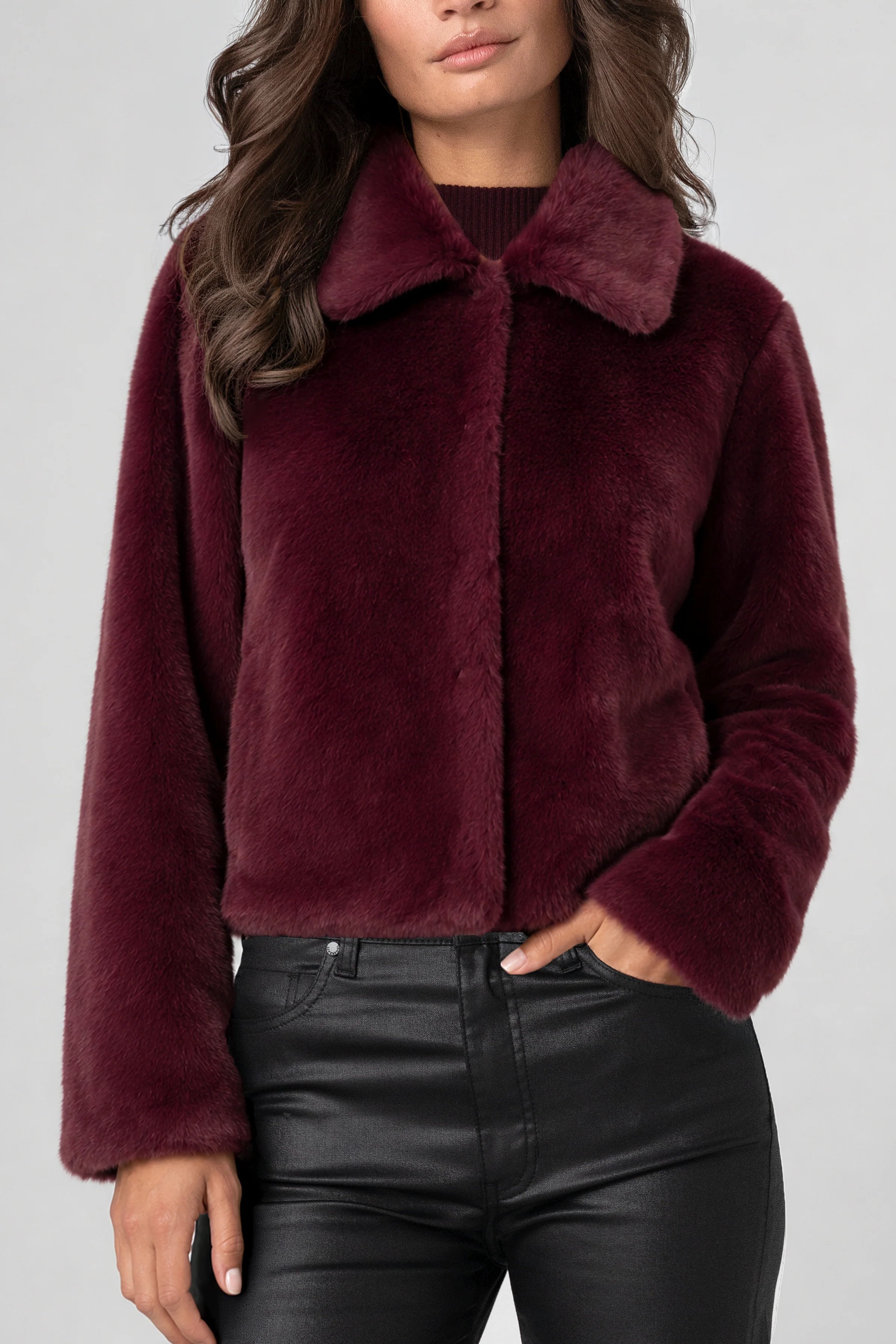 Liverpool Collared Faux Fur Jacket in dark oxblood at ooh la la! in Grapevine TX 76051