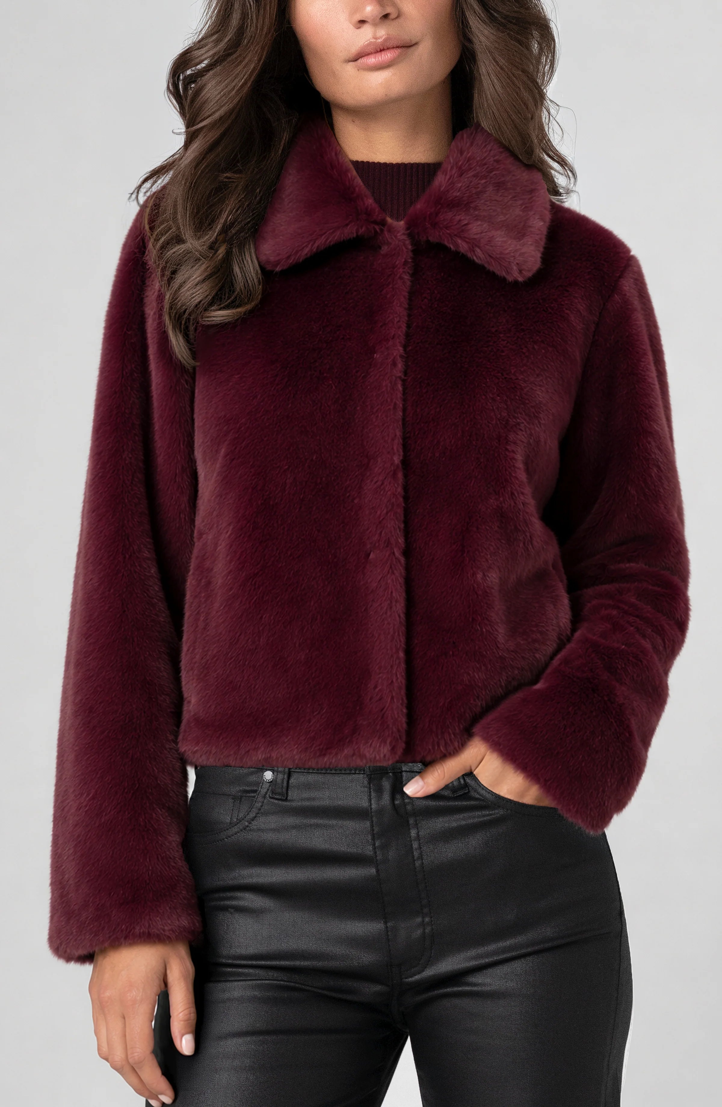 Liverpool Collared Faux Fur Jacket in dark oxblood at ooh la la! in Grapevine TX 76051