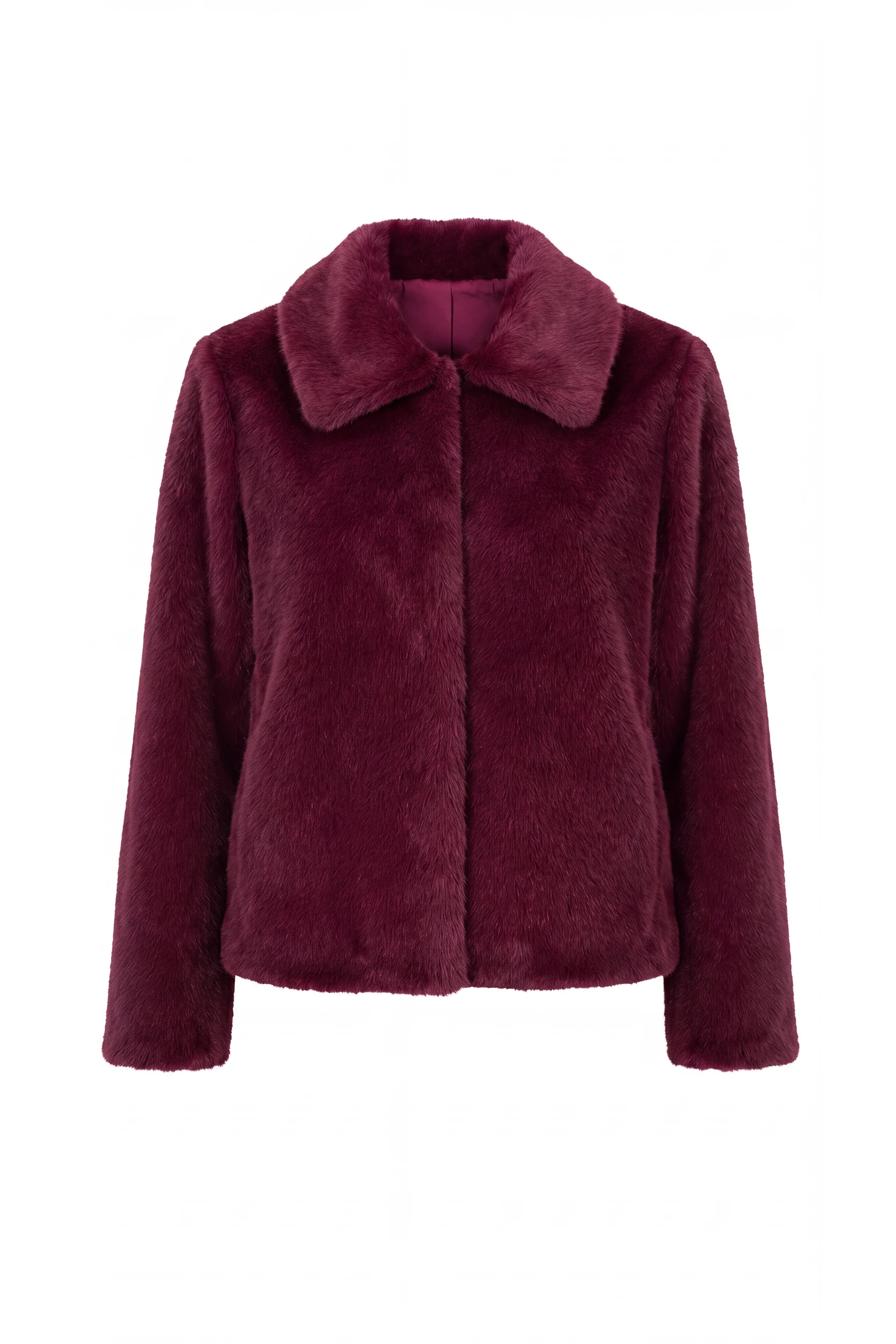 Liverpool Collared Faux Fur Jacket in dark oxblood at ooh la la! in Grapevine TX 76051