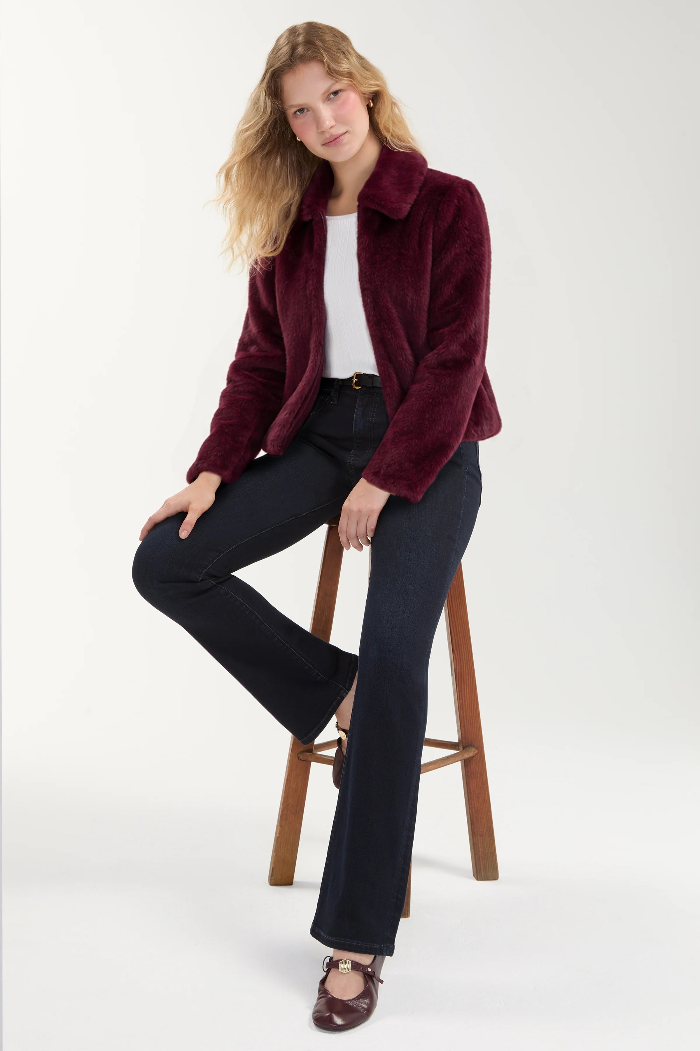 Liverpool Collared Faux Fur Jacket in dark oxblood at ooh la la! in Grapevine TX 76051