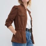 Liverpool Puff Sleeve Trucker Jacket with Ruffle Collar in Carob Brown at ooh la la! in Grapevine TX 76051