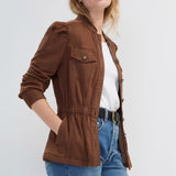 Liverpool Puff Sleeve Trucker Jacket with Ruffle Collar in Carob Brown at ooh la la! in Grapevine TX 76051