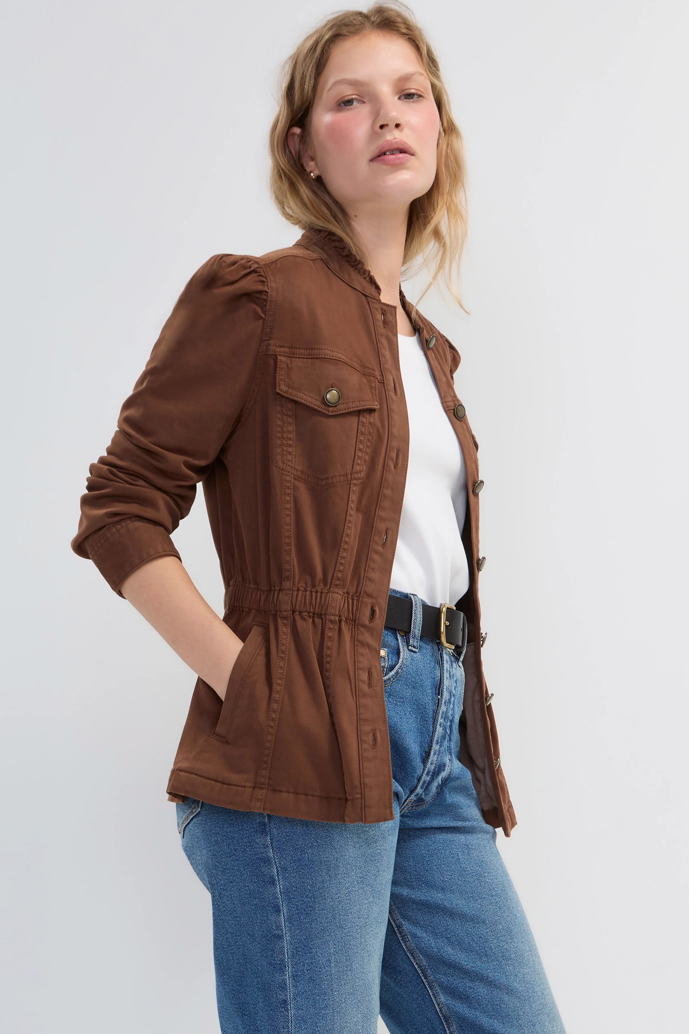 Liverpool Puff Sleeve Trucker Jacket with Ruffle Collar in Carob Brown at ooh la la! in Grapevine TX 76051