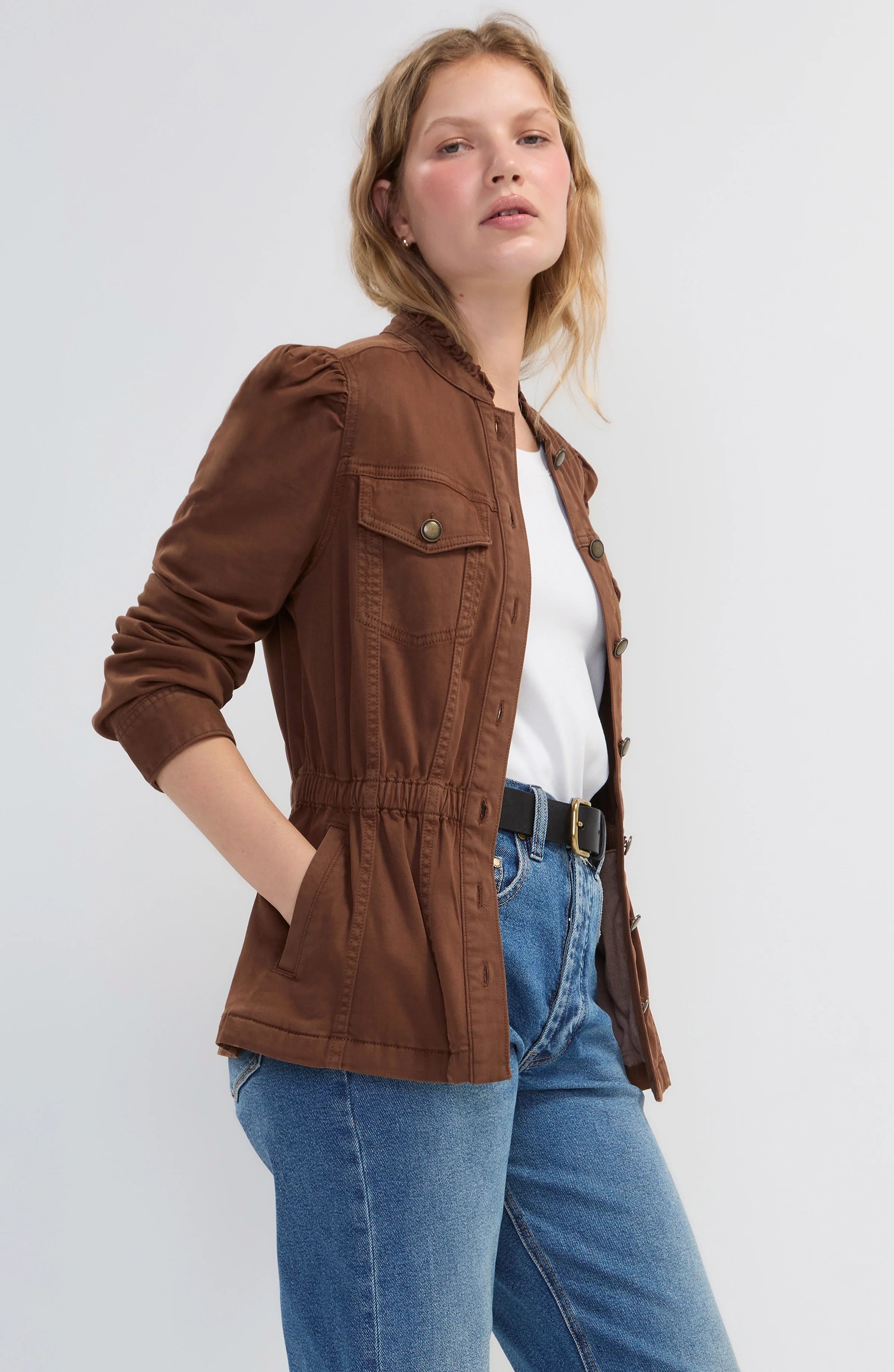 Liverpool Puff Sleeve Trucker Jacket with Ruffle Collar in Carob Brown at ooh la la! in Grapevine TX 76051