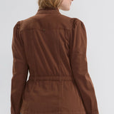Liverpool Puff Sleeve Trucker Jacket with Ruffle Collar in Carob Brown at ooh la la! in Grapevine TX 76051