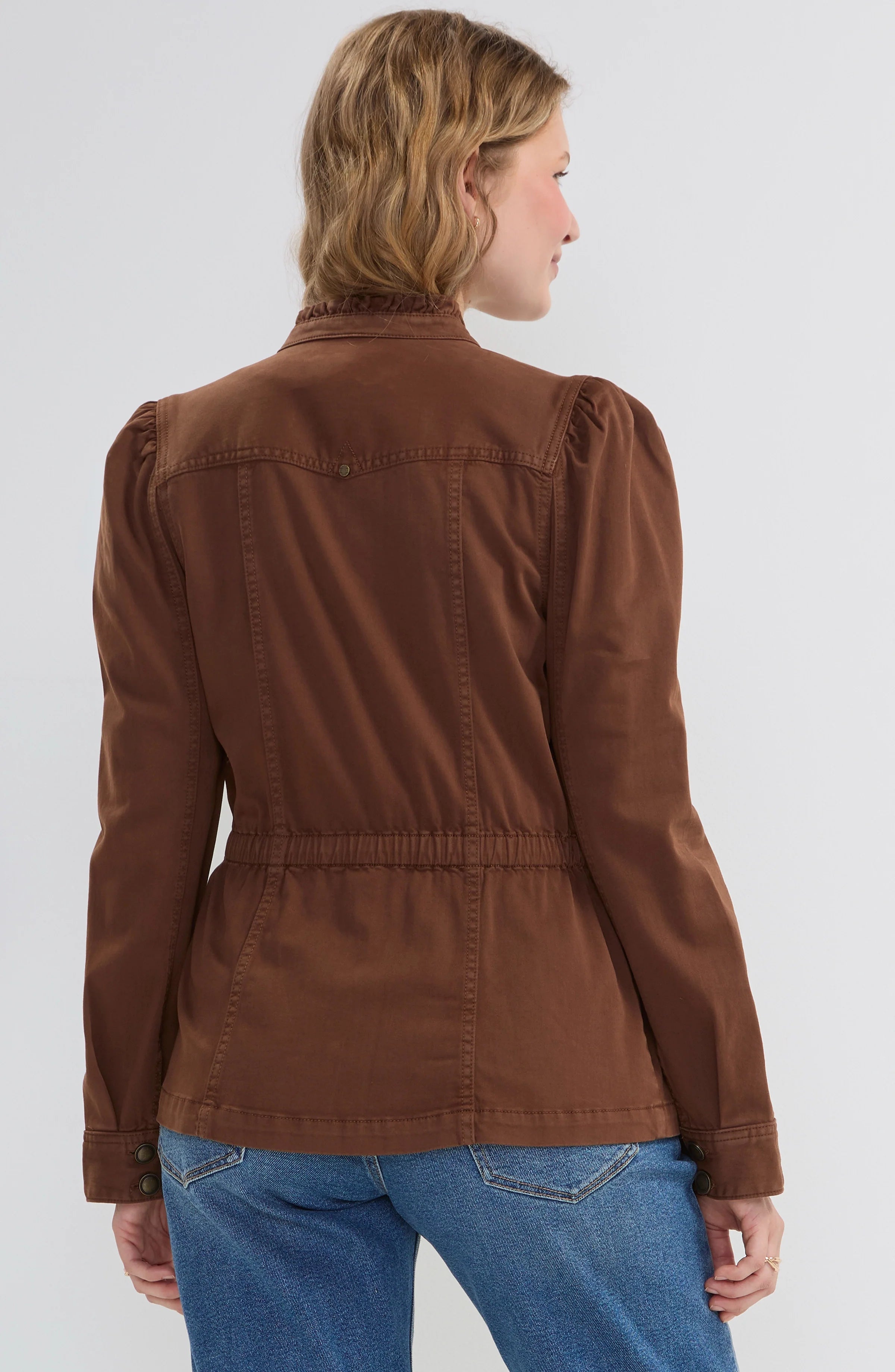 Liverpool Puff Sleeve Trucker Jacket with Ruffle Collar in Carob Brown at ooh la la! in Grapevine TX 76051
