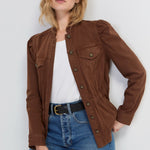 Liverpool Puff Sleeve Trucker Jacket with Ruffle Collar in Carob Brown at ooh la la! in Grapevine TX 76051