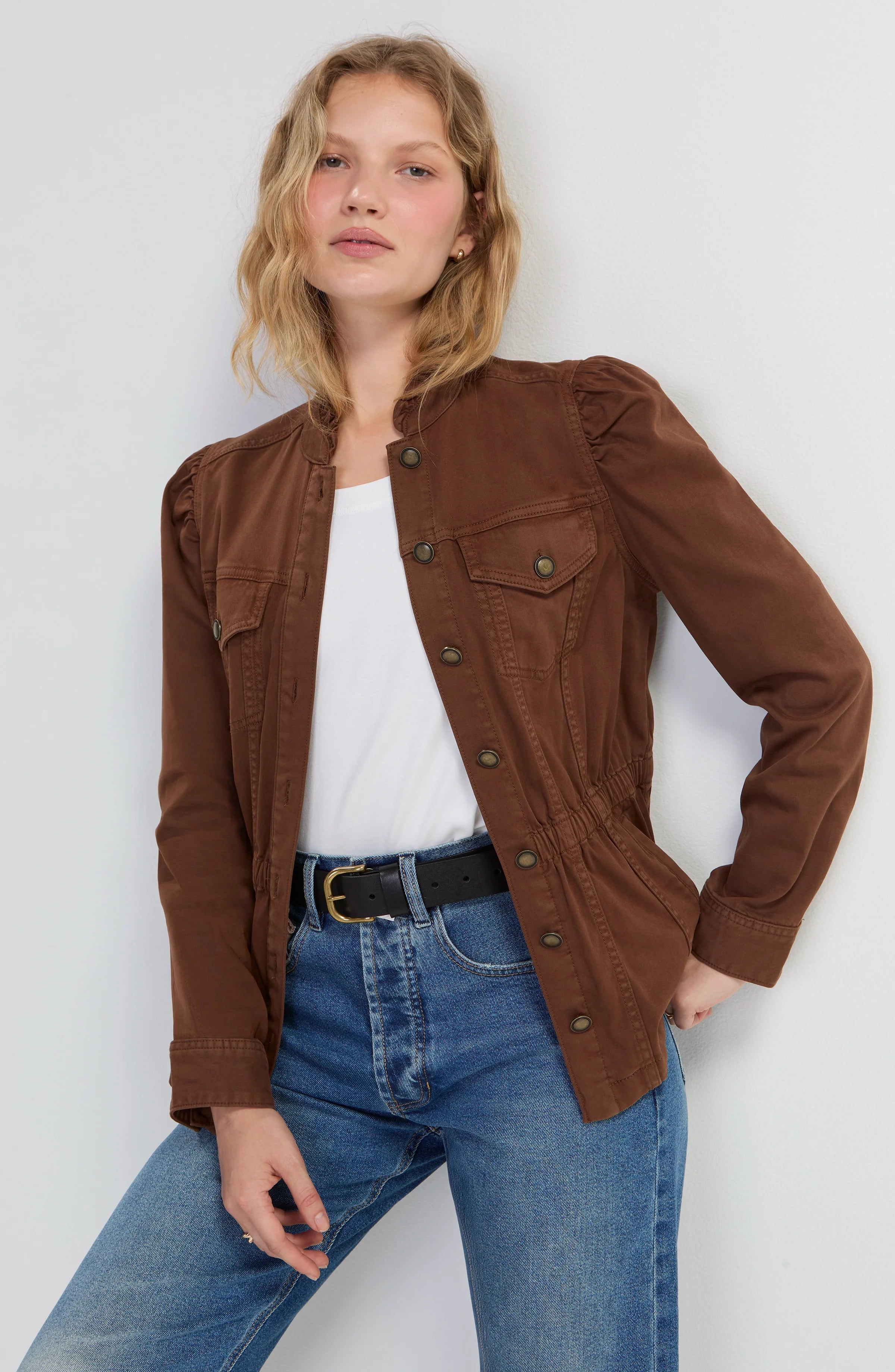 Liverpool Puff Sleeve Trucker Jacket with Ruffle Collar in Carob Brown at ooh la la! in Grapevine TX 76051
