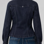 Back view of Liverpool fitted dark navy denim jacket with patch pockets on model