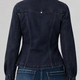 Back view of Liverpool fitted dark navy denim jacket with patch pockets on model