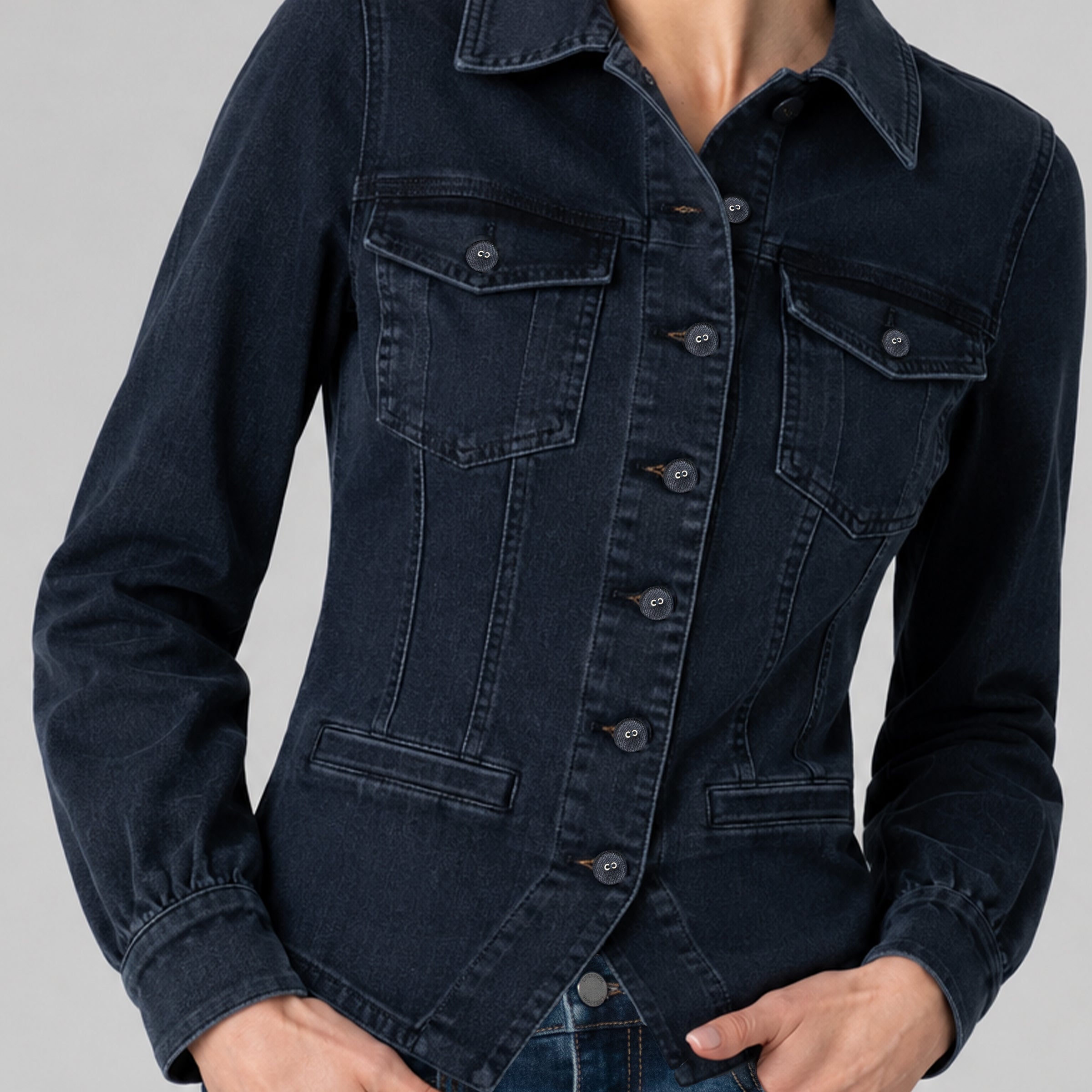 Woman wearing Liverpool fitted dark navy denim jacket with patch pockets and button front