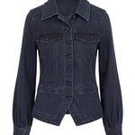 Liverpool Patch Pocket Fitted Denim Jacket in Raven Wing dark charcoal wash, flat lay