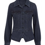 Liverpool Patch Pocket Fitted Denim Jacket in Raven Wing dark charcoal wash, flat lay